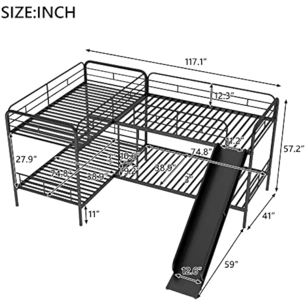 Quad Bunk Bed with Slide, L Shaped Bunk Bed for 4, Twin over Twin Metal Bunk Frame for Kids Teens Girls Boys Beds