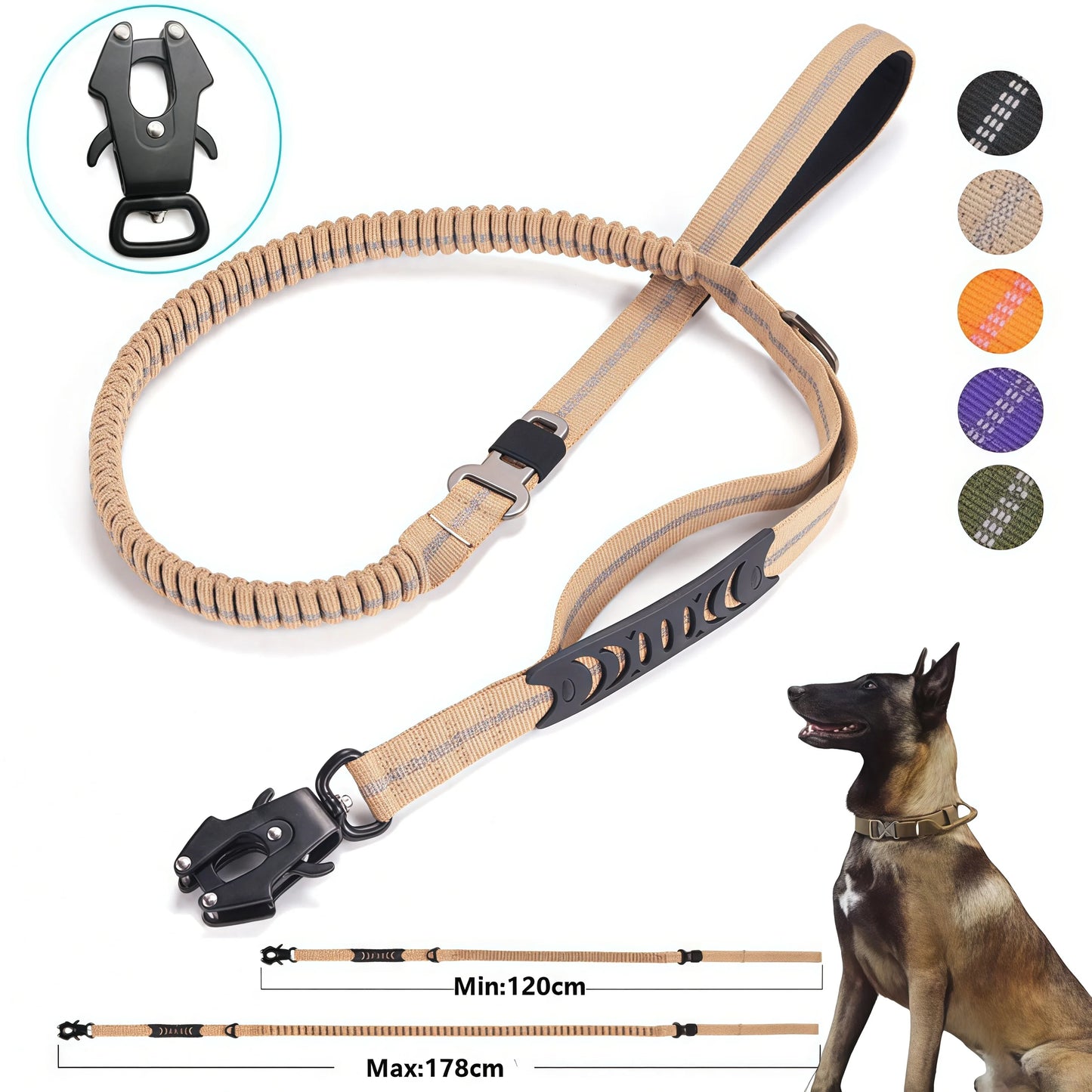 Reflective Shock Absorbing Pet Dog Leash with Car Seatbelt for Large Dogs Heavy Duty Tactical Bungee Dog Leash No Pull Dog Leash