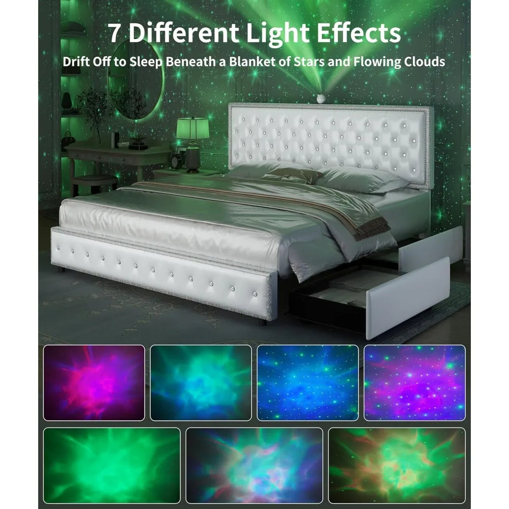 Queen led bed frame with 4 drawers，Galaxy Projector Adjustable Upholstered Headboard Diamond Bed frame with Charger Music Speake