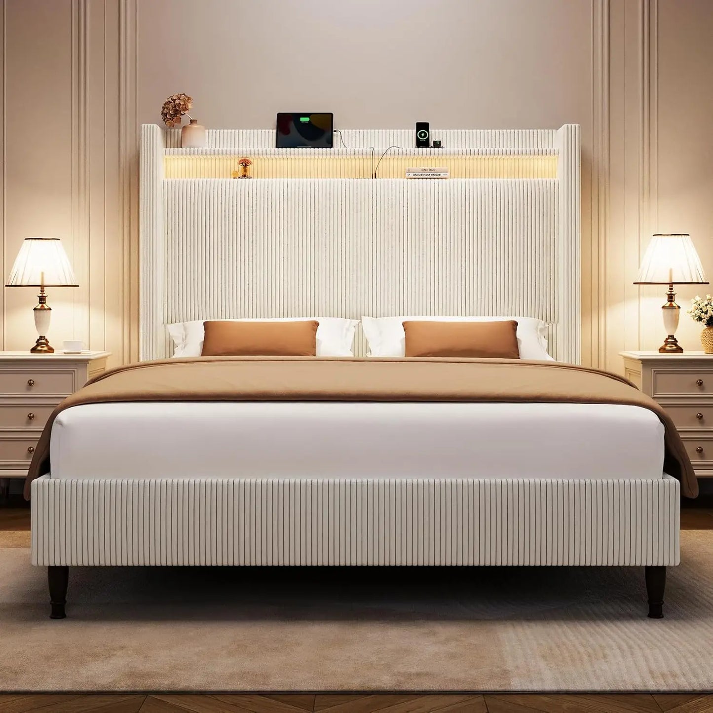 King Size Bed Frame with Tall Headboard, 55.3" Corduroy Upholstered Platform Bedframe with LED Lights & Charging Station