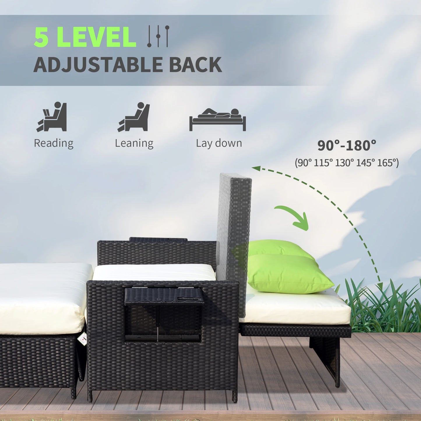 Outsunny 2 Seater Assembled Garden Patio Outdoor Rattan Furniture Sofa Sun Lounger Daybed with Fire Retardant Cotton - Black