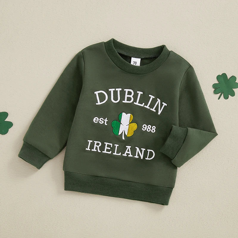 Children s Hooded Sweatshirt Embroidered Shamrock Long Sleeve Pullover with Crew Neck for Boys and Girls Casual Winter