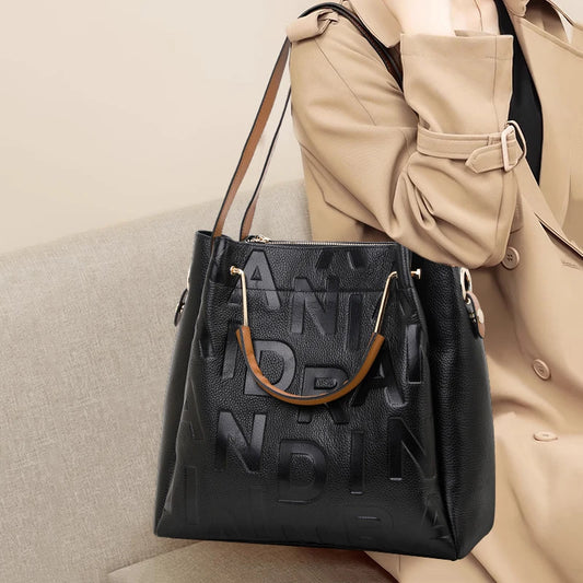 High end black women's handbag with large capacity made of high-quality cowhide and printed with letters