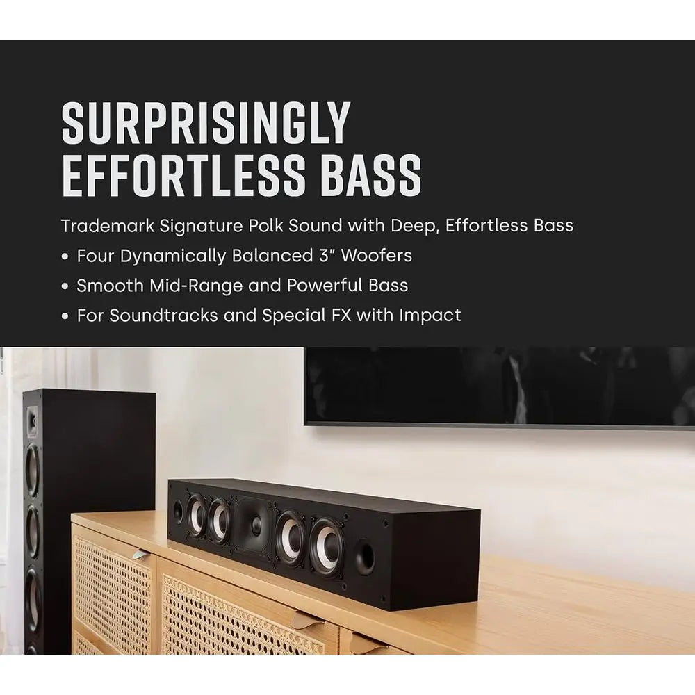 Hi-Res Audio Certified Slim Center Speaker, Dolby Atmos & DTS:X Ready, 1 Tweeter & 3 Balanced Woofers, Wall-Mountable, Black