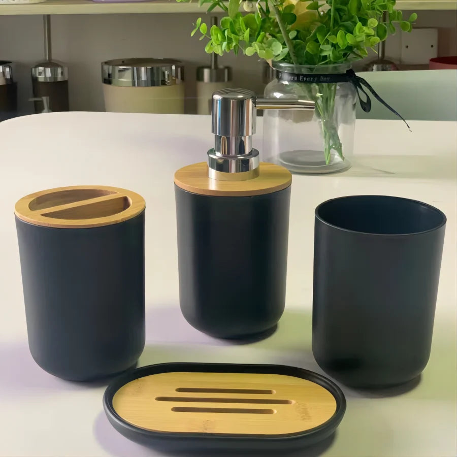 4pcs Bathroom Accessories Set,Include Toothbrush Holder and Cup,Lotion Dispenser,Soap Dish, Bamboo Cover Set