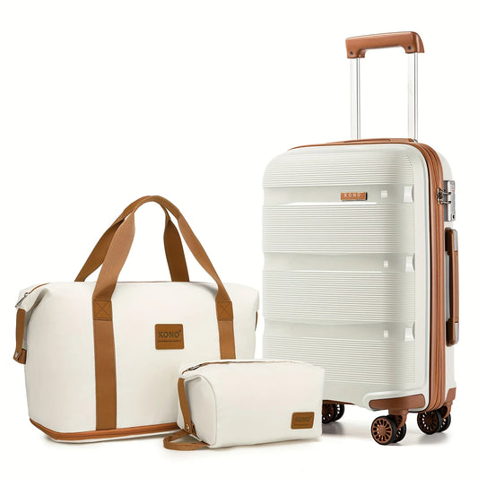 Kono 3-Piece Lightweight Hard Shell Suitcase Set with Travel & Toiletry Bags, Cabin Carry-On Trolley Luggage