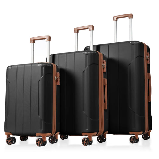 Luggage Sets 3 Piece Hard Shell ABS Lightweight Durable Suitcases with Double Spinner Wheels 20/24/28 Inch (Black Brown)