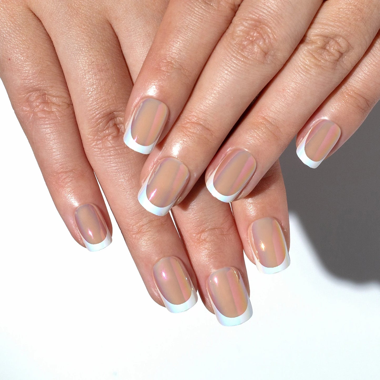24pcs Aurora White French Press on Nails Short Sqaure Chrome Fake Nails with Glue Metallic Designs Artificial False Nail Tips