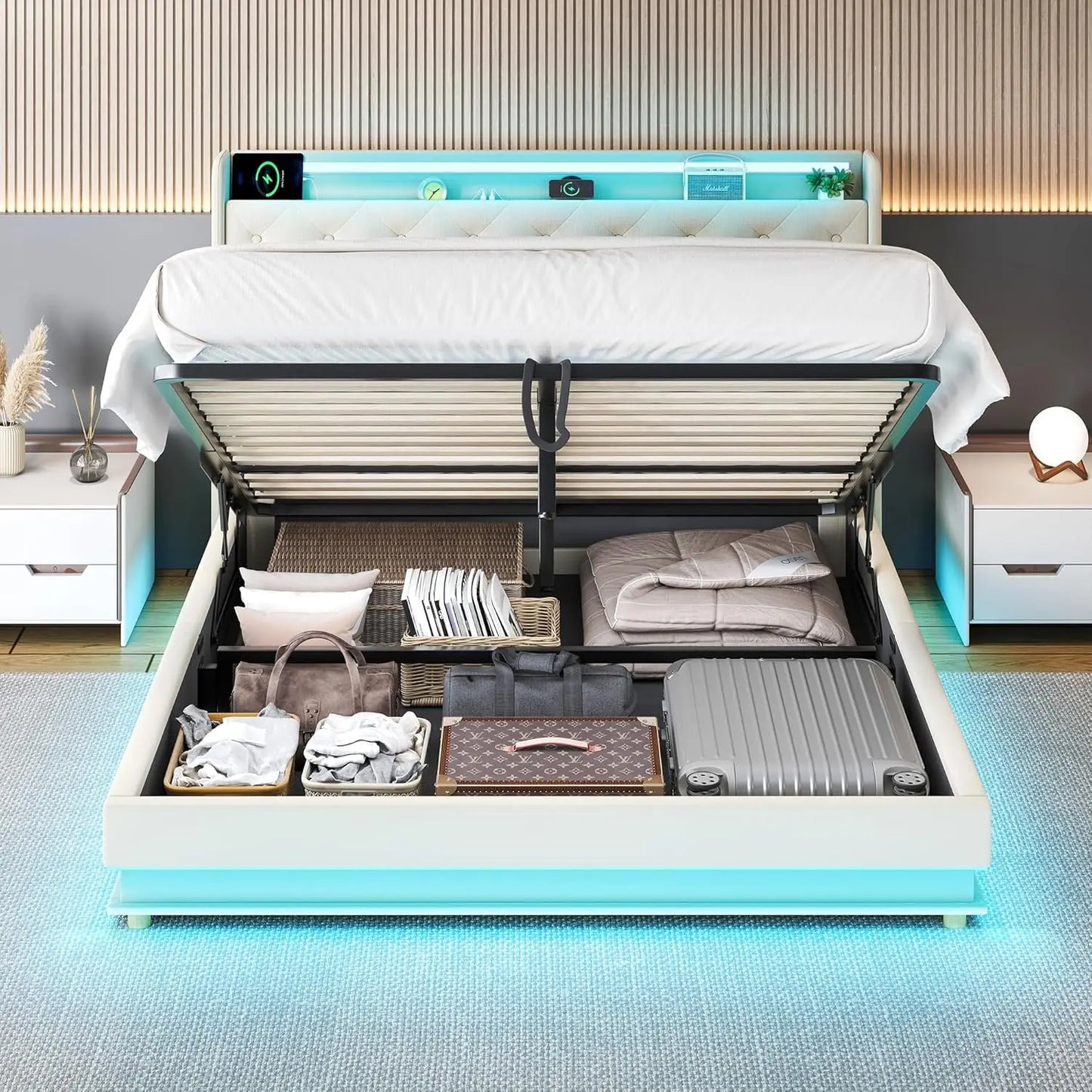 Led Queen Lift Up Storage Bed Frame with Wingback Storage Headboard Beige Upholstered Platform Bed Frame with Storage Underneath