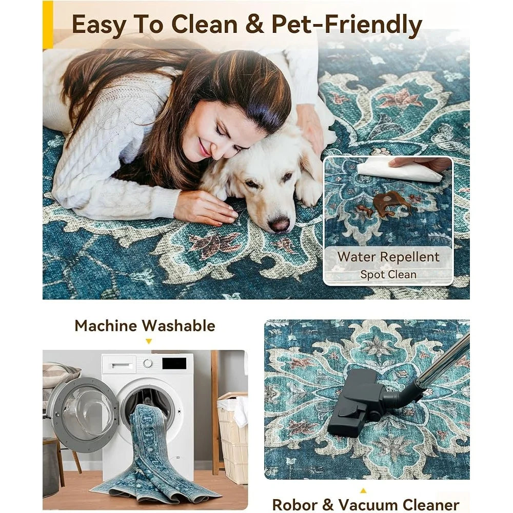 Washable Non-Slip Area Rug 5x7 Floral Vintage Distress Print Soft Carpet Thick Non Slip Backing Living Room Bedroom Dining Room