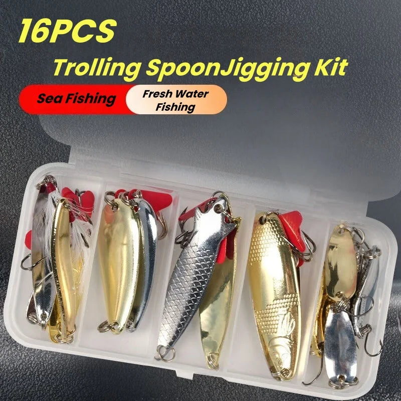 Fishing Lure Kit 16 pcs sets Trolling Jigging Lure Metal Spoon For Bass Pike Crank Tackle Accessories With Box Wobblers Kit