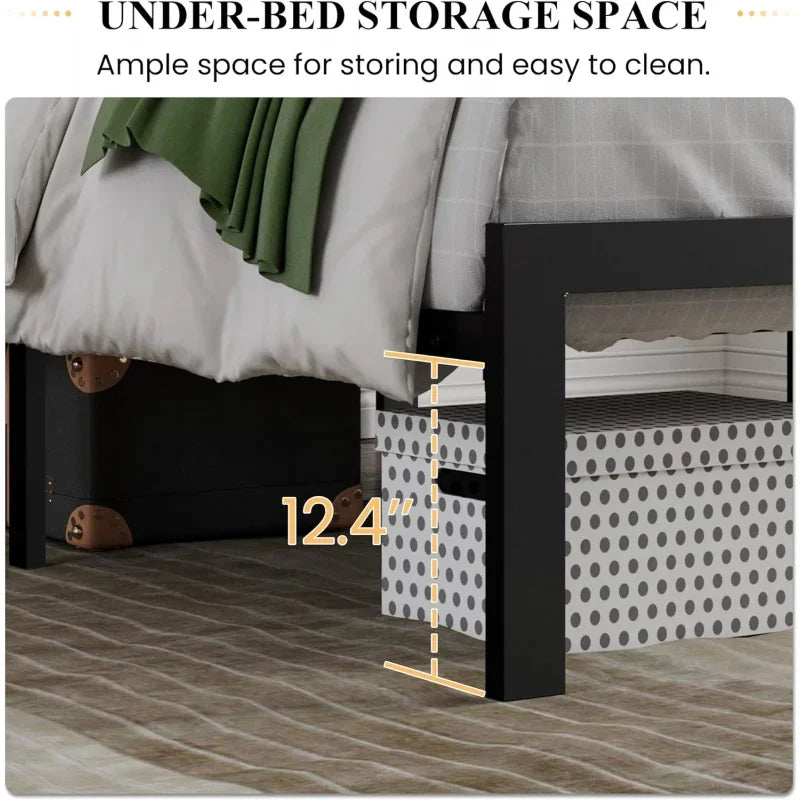 King Size Bed Frame Upholstered Headboard,Platform Bed with Metal Slats,Button Tufted Square Stitched Headboard,Grey