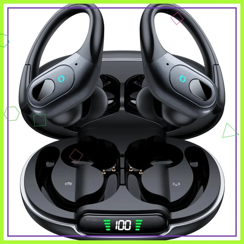 Active Noise Cancelling Wireless Earbuds with 90Hrs Playback, IPX7 Waterproof, Over-Ear Hooks for Sports Running Gym Black