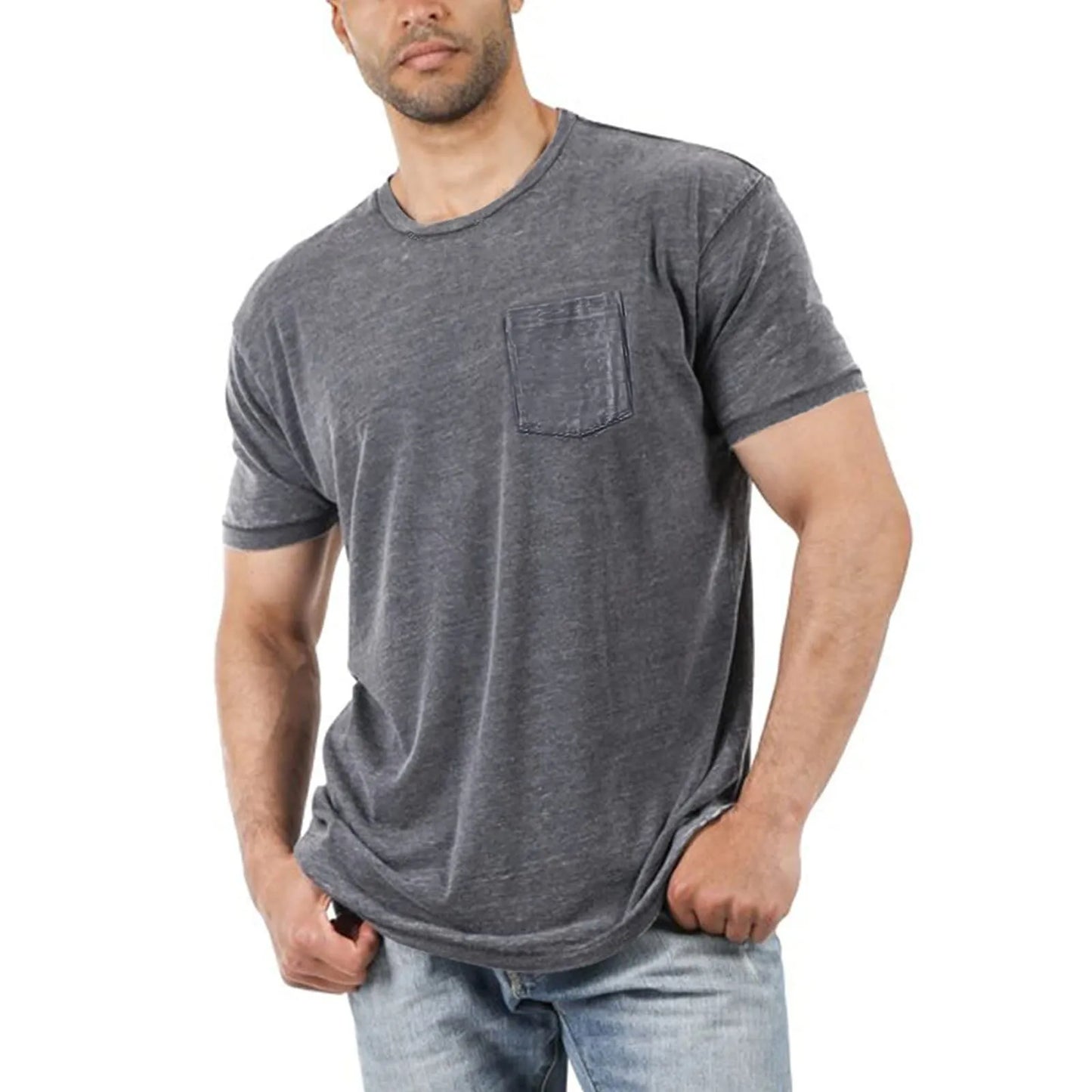 Summer Men Round Neck Pocket Casual And Comfortable Skin Friendly T Shirt Men Solid Color Top Korean Fashion Mens Clothing