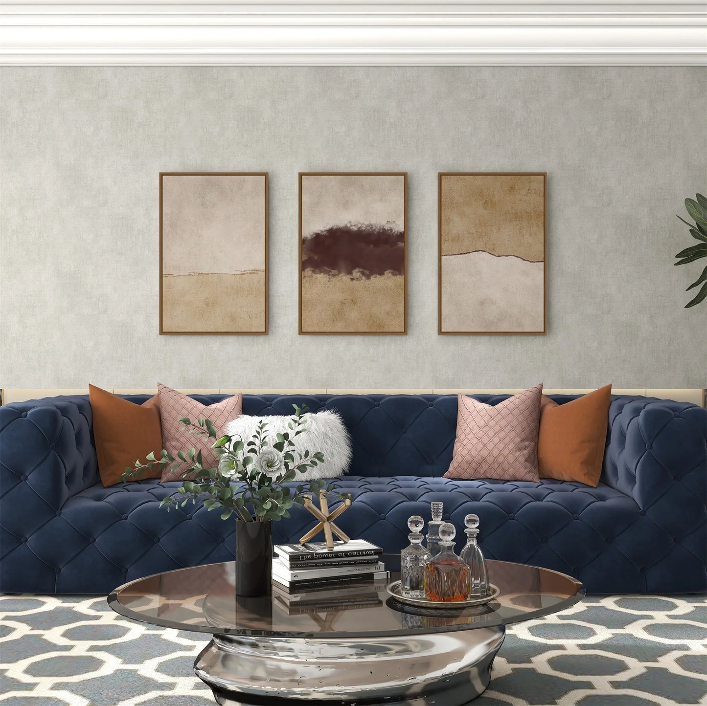 Bohemian frame canvas wall art print, set of 3 modern abstract style wall hangings, beige/tan earth art paintings