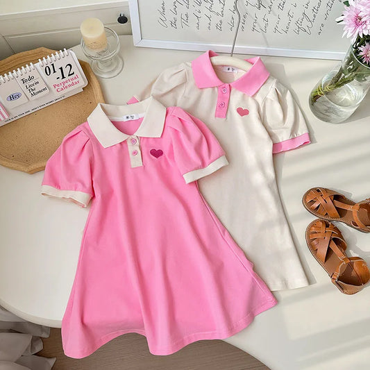 2025 Summer Stylish Girls' Polo Shirt Dresses 1-7Y Trendy Embroidered Heart Lapel Dress for Kid's Children's Clothing Outfit