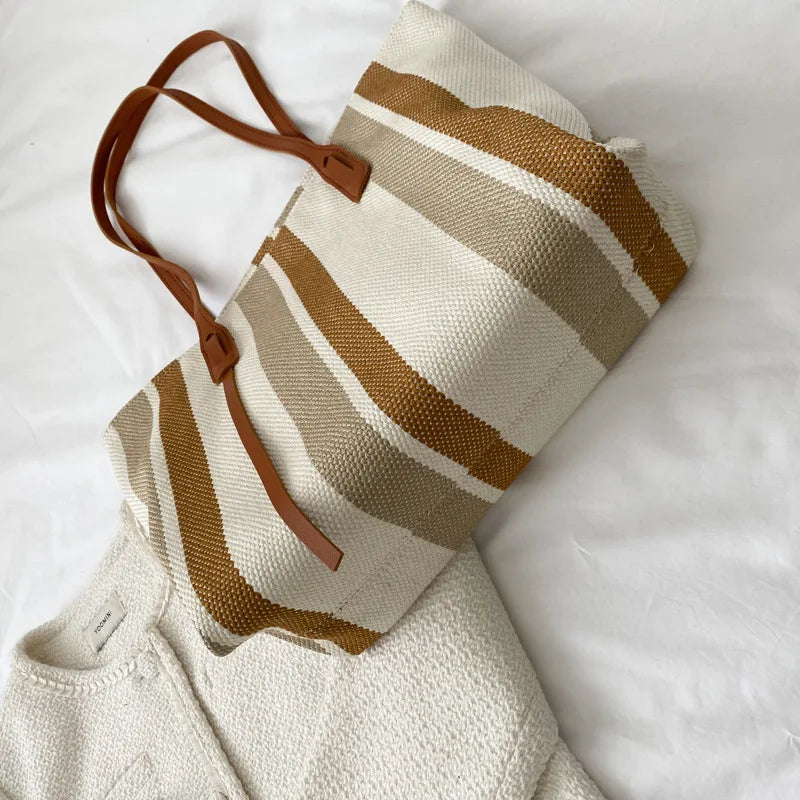 Raffia Summer Bags for Woman 2024 Stripe Designer Shoulder  Crossbody Shopper Storage Bag Women Casual Canvas Handbag Tote Bag