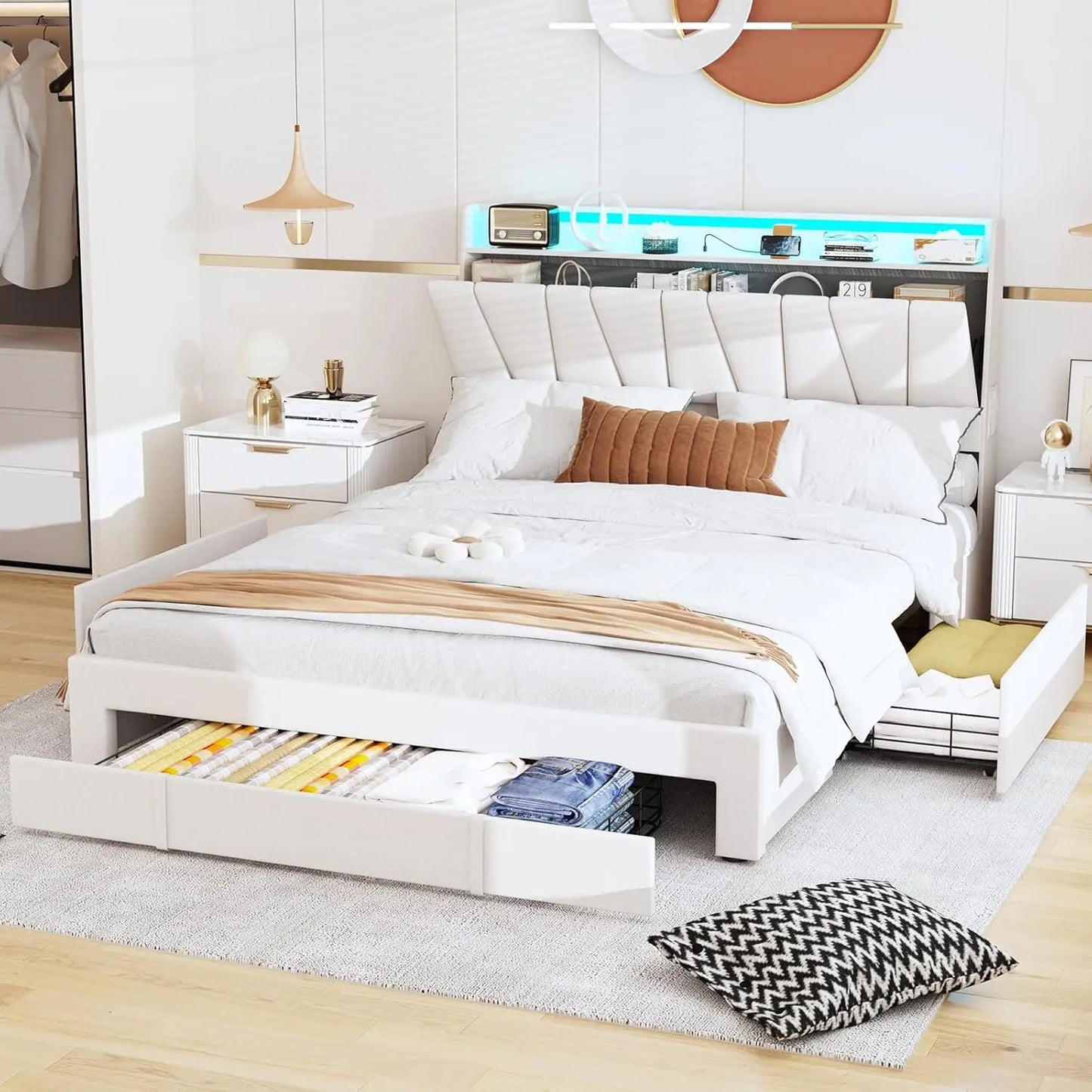 Full Size Bed Frame with Storage Headboard and 3 Drawers,Upholstered Platform Bed with Charging Station