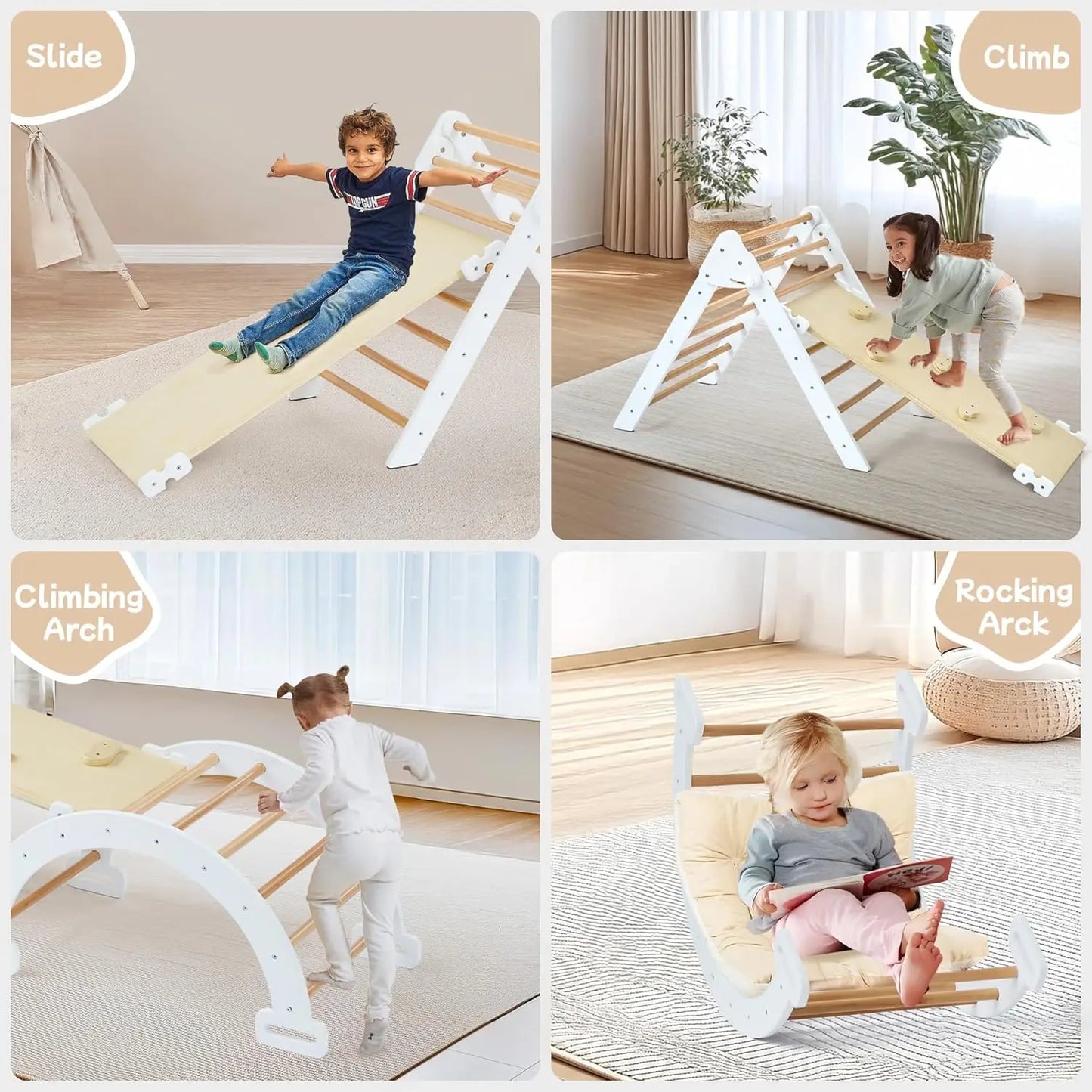 Pikler Triangle Set, Foldable Toddler Climbing Toys, Wooden Montessori Climbing Set for Kids Ages 2-8, Indoor Playground Jungle