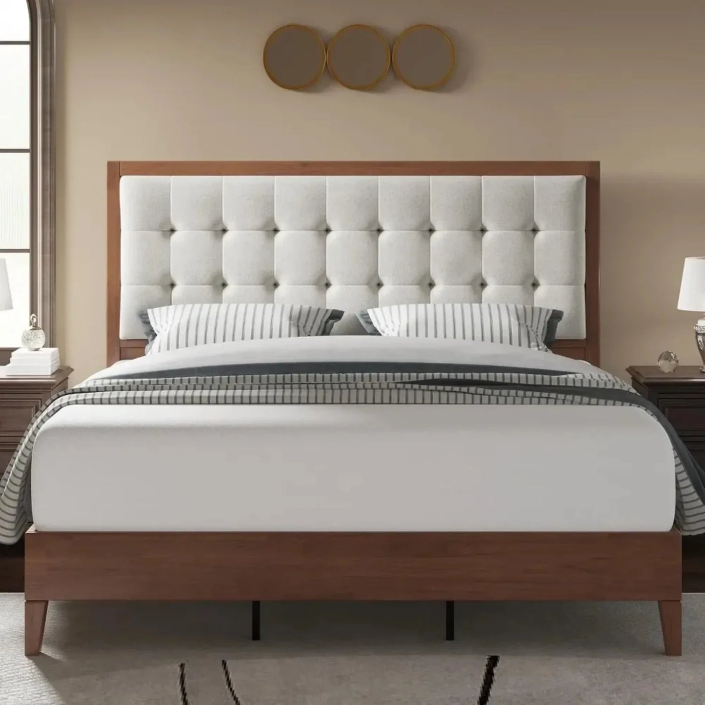 Wood Platform Bed Frame King Size Upholstered Tufted Headboard/Solid Wood Bed No Box Spring Needed,Walnut