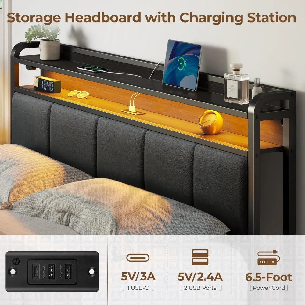 Bed Frame with Charging Station and LED Lights, Upholstered Storage Headboard with Drawers, Heavy Duty Metal Slats