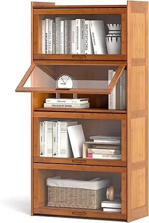 4-Tier Bookcase with Clear Doors, 55" Bamboo Bookshelf with Flip-up Acrylic Doors, Freestanding Cube Storage Organizer with She