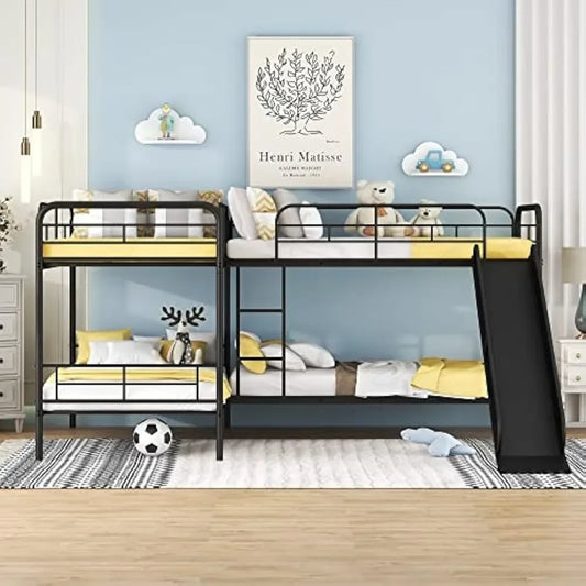 Quad Bunk Bed with Slide, L Shaped Bunk Bed for 4, Twin over Twin Metal Bunk Frame for Kids Teens Girls Boys Beds