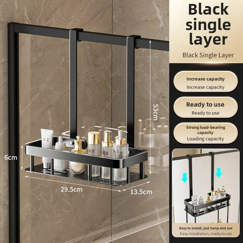 No-Drill Shower Caddy | Bathroom Glass Door Storage Basket | Towel Organizer Rack for Convenient Bathing Space