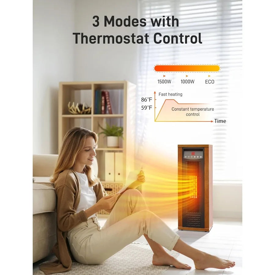 Portable 1500W PTC Infrared Space Heater for Bedroom Office Home Fast Quiet Heating Tower with White Finish and Energy Efficien