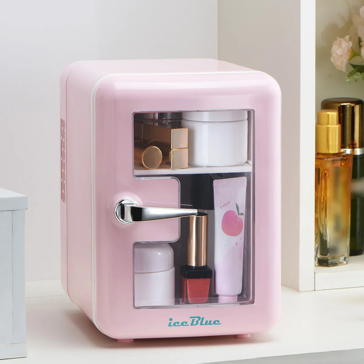 iceBlue Viewing Window Mini Fridge 4L/6Can Makeup Drink Dual-use Cooler Warmer Refrigerator for Camping Car Home Dormitory Gift