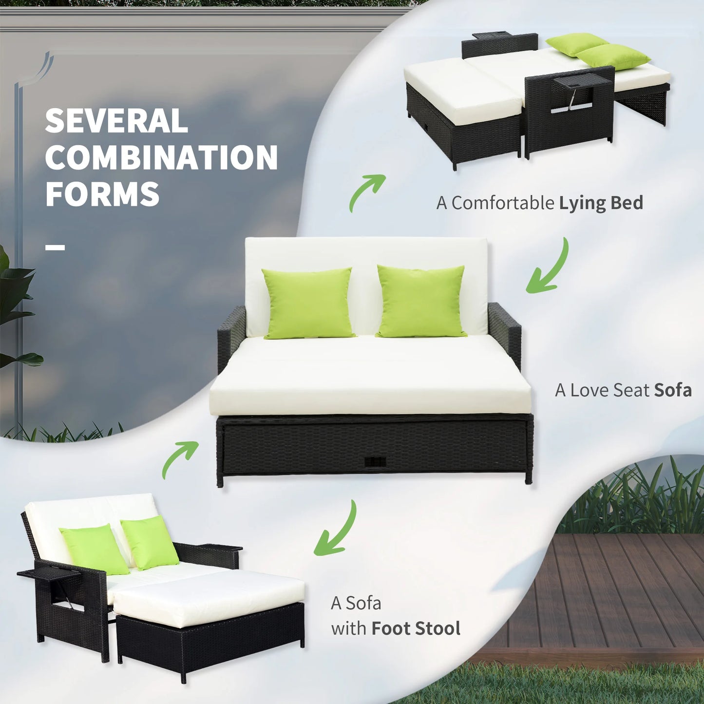 Outsunny 2 Seater Assembled Garden Patio Outdoor Rattan Furniture Sofa Sun Lounger Daybed with Fire Retardant Cotton - Black