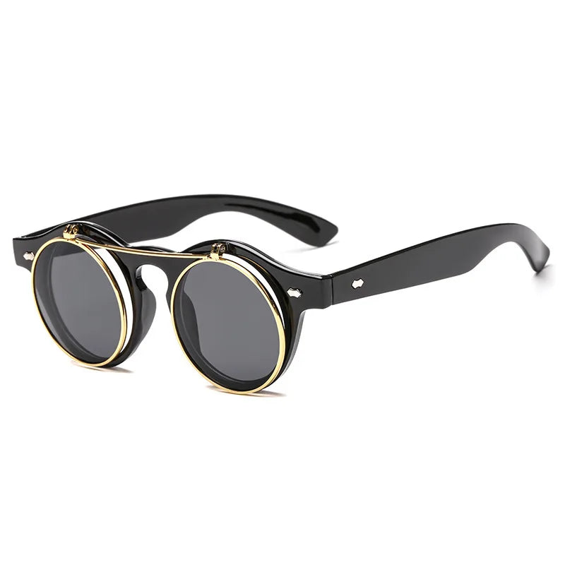 BEGREAT Small Round Double Bridges Sunglasses for Men Women Retro Punk Vintage Flip Lens Shades UV400 Men Rivets Sun Glasses
