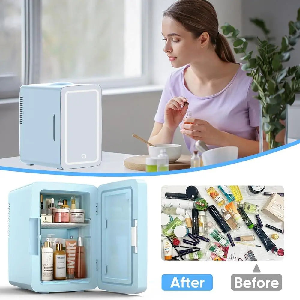 6L Mini Fridge with LED Mirror Cooler Warmer Ideal Skincare Makeup Snacks Bedroom Office Portable Chiller
