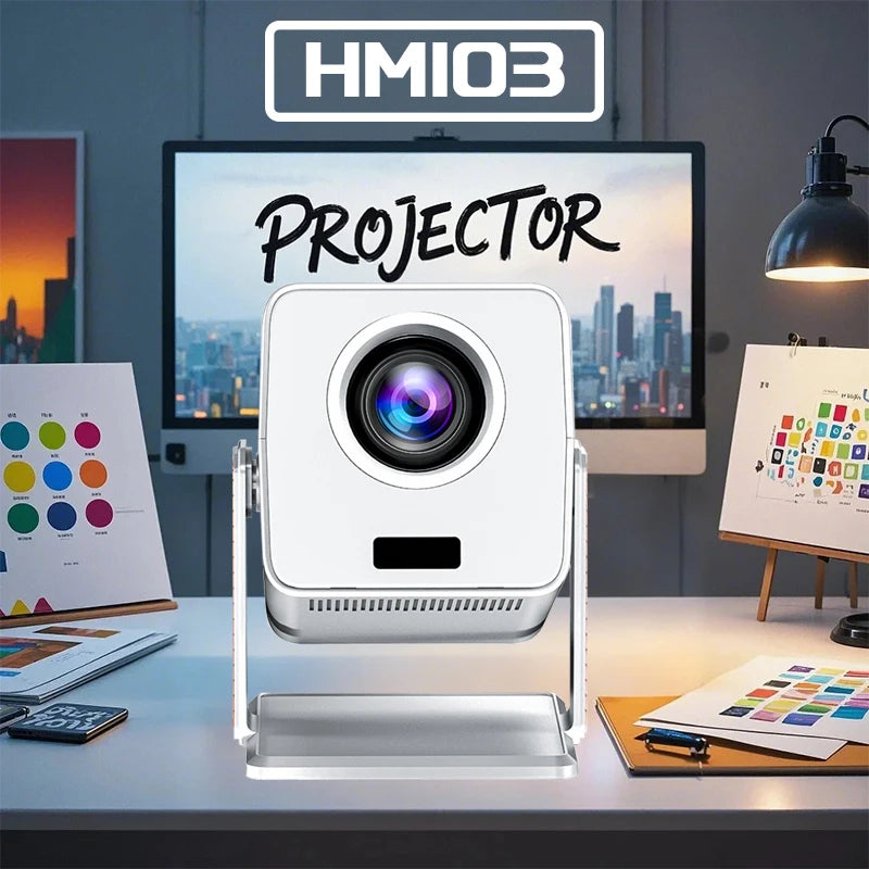 4K HM103-A Portable Projector Android 13BT5.2 1920*1080P Dual WiFi5 300ANSI Amlogic T950S Home Theater Mini Projector Stand