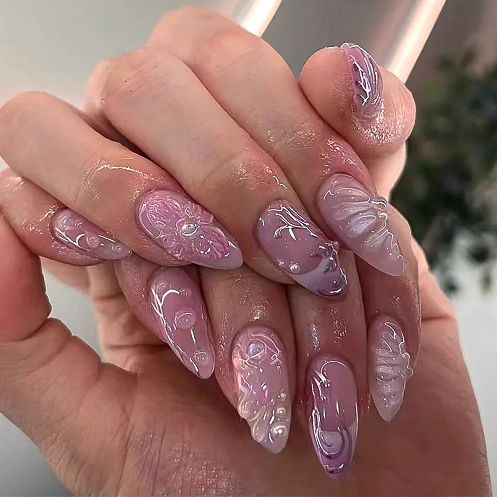 24pcs Aurora Nude Pink Press on Nails Almond Acrylic Sweet Fake Nails with 3d Charms Butterfly Florals Full Cover Flower Nails