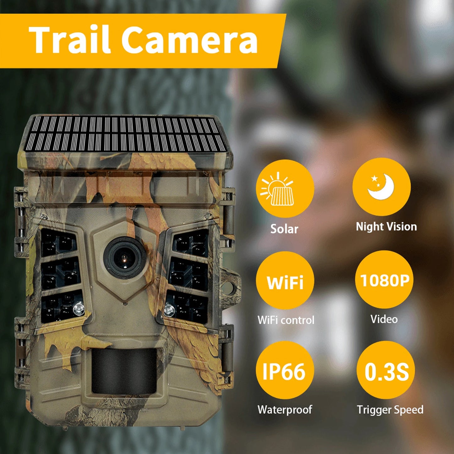Hunting Game Camera 0.3s Trigger Time IP66 Waterproof 1080p Trail Camera with Solar Powered WiFi Connect Function