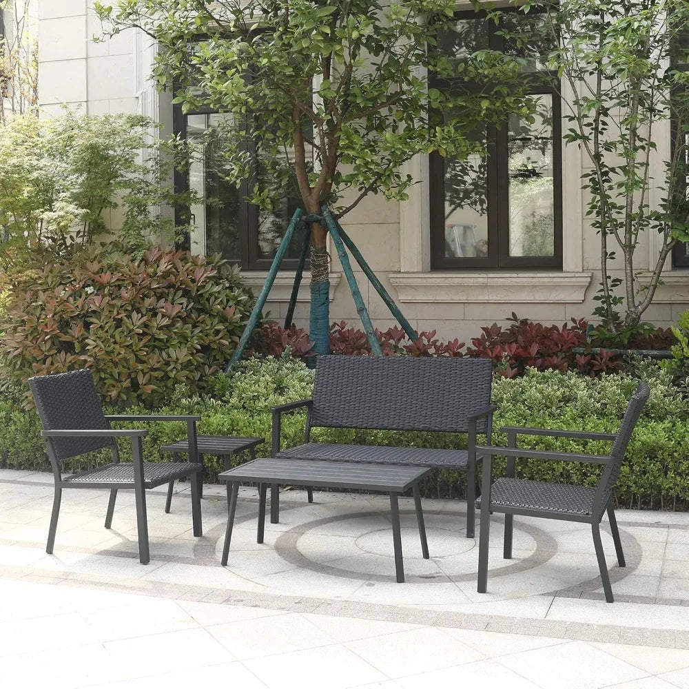 Outdoor Loveseat Bench Chair for Outside Patio Porch, Metal Frame, Black All Weather Wicker
