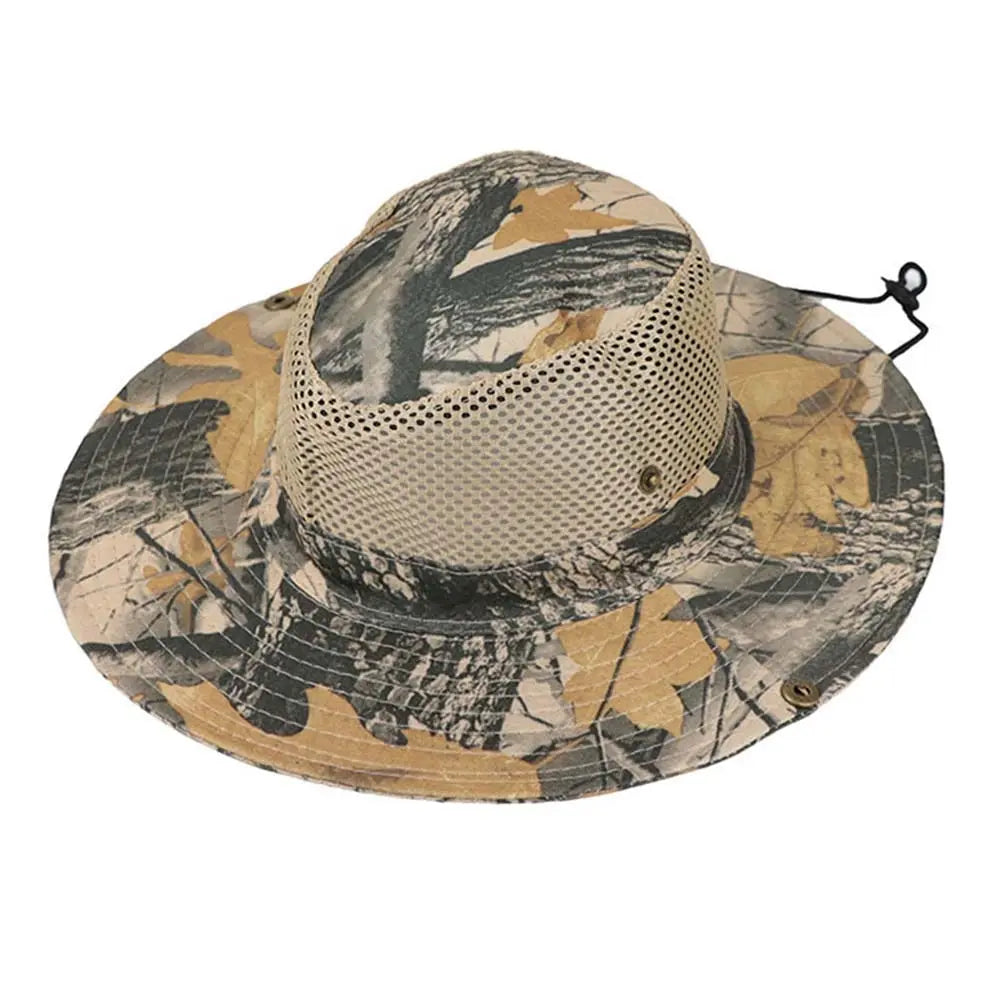 Outdoor Sunhat Hunting Fishing Cap Outdoor Wide Brim Sun Cap Mesh Breathable Camouflage leaves Hat Man Sun Cap