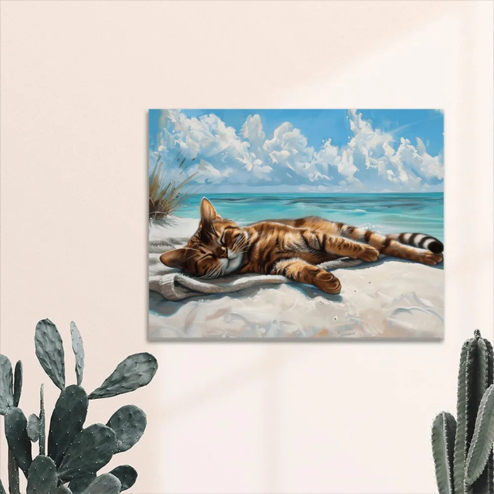 A coastal cat canvas wall art, print of a cat napping on the beach, wood-framed Marine theme decor, 11.8x15.7 inches