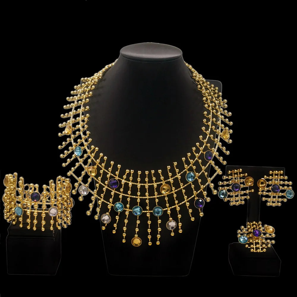 24k Gold Plated Women Jewelry Set Necklace  Chain Earrings Bangle Ring Multi Color Stone