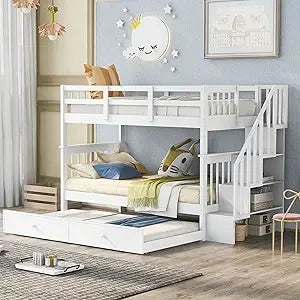 Harper & Bright Designs Full Size Loft Bed Frame with Stairs and Desk, Solid Wood Loft Bed with Storage Drawers and Bookshelf fo