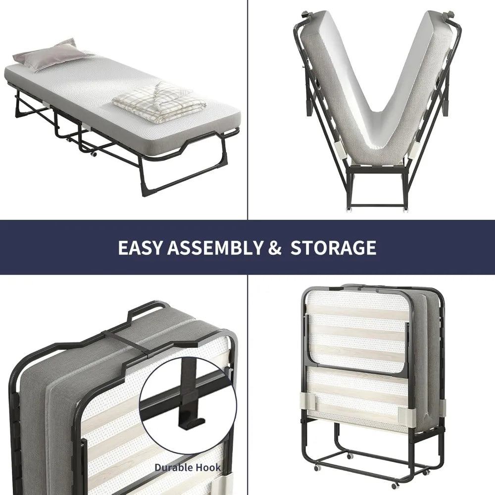 Twin Size Rollaway Bed, 75" x 38" Folding Bed with 3.8 Inch Foam Mattress, Space-Saving with Sturdy Metal Frame,Portable beds