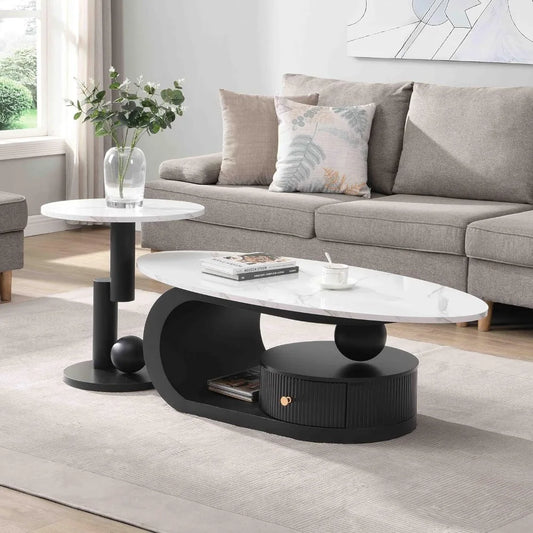 Modern Nesting Coffee Table Set of 2, 2-Piece Modern Oval Decorative Coffee Center Table with White Faux Marble Top and Black Me