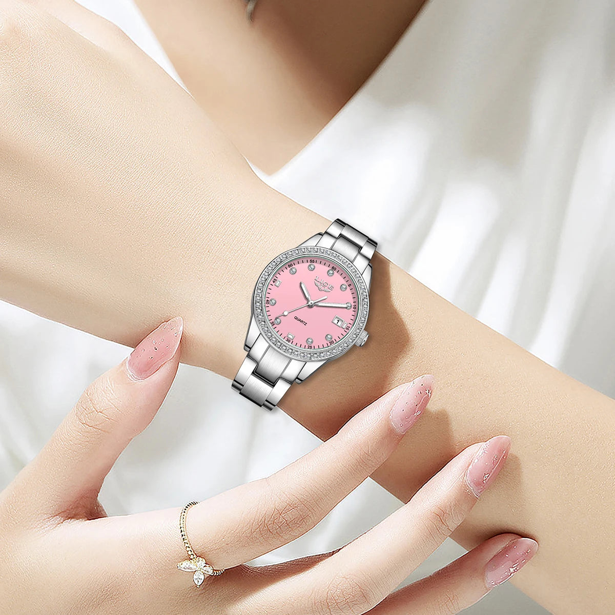 LIGE Original Diamond Dial Quartz Watch for Women Fashion Elegant Ladies Watches Stainless Steel Waterproof Women's Wristwatch