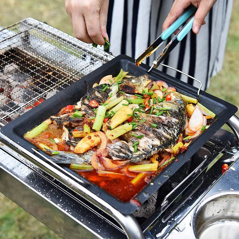 BBQ Frying Grill Plate BBQ Frying Pan Non-Stick Grill Plate Kitchen Cooking Picnic Outdoor Barbecue Grill Pan Plates 30*25cm