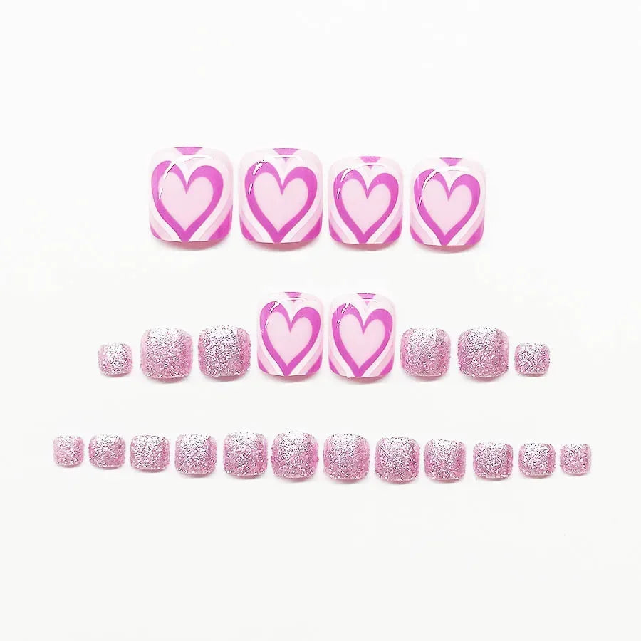 24pcs Shiny Pink False Toe Nails with Love Heart Design Summer Press on Toenails Fashion Sweet Girls Manicure Fake Toenail Patch