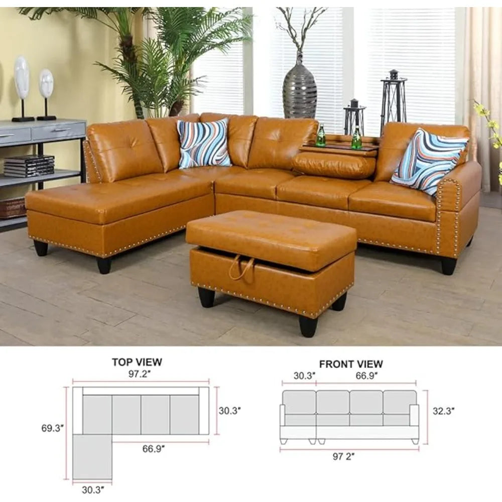 L Shaped Sectional Sofa with Ottoman,Nail-Head Design Leather Right Facing Couches with Cup Holder for Living Room,Office,Ginger