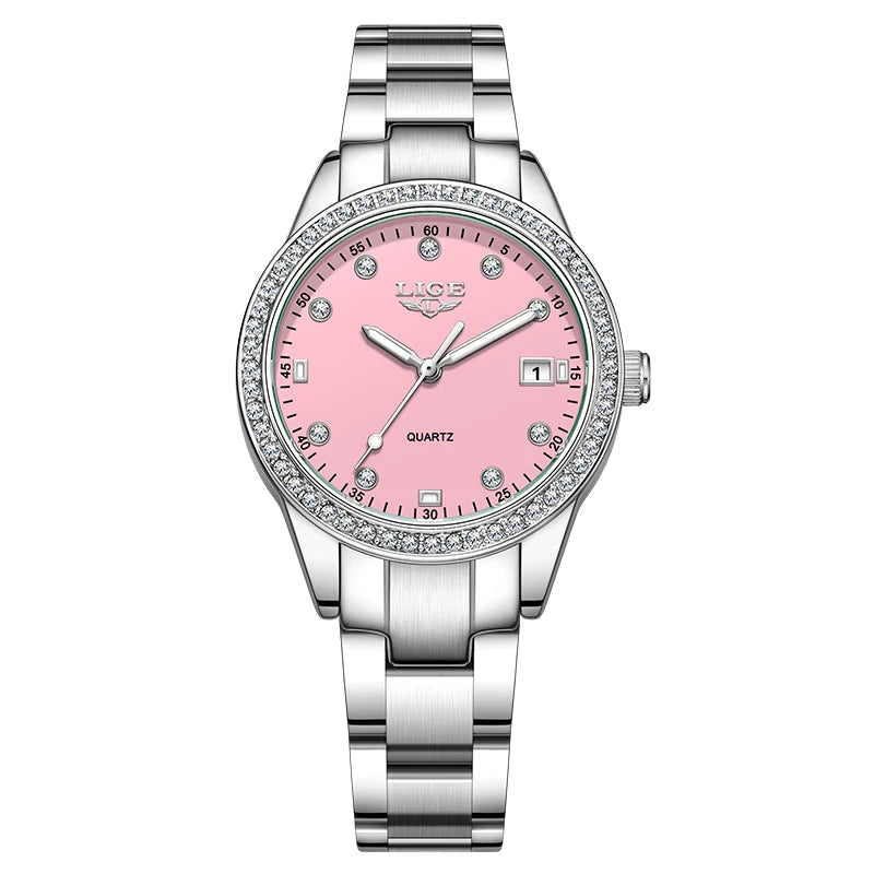LIGE Original Diamond Dial Quartz Watch for Women Fashion Elegant Ladies Watches Stainless Steel Waterproof Women's Wristwatch