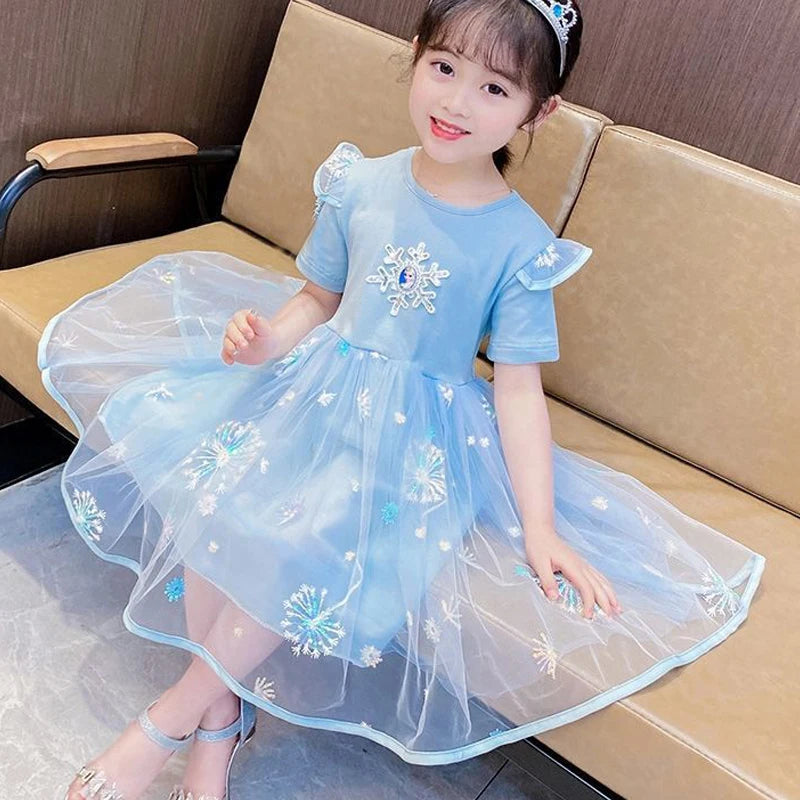 2025 New Disney Summer Kids Dress Clothes Pretty Girls Dresses Frozen Elsa Anna Princess Party Costume For Children Clothing