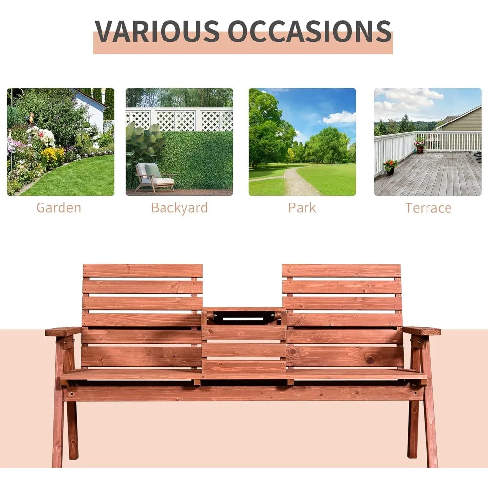 2 Seater Wooden Garden Bench with Convertible Middle Table, Outdoor Three-Seater Bench for Patio, Park, Porch and Yard